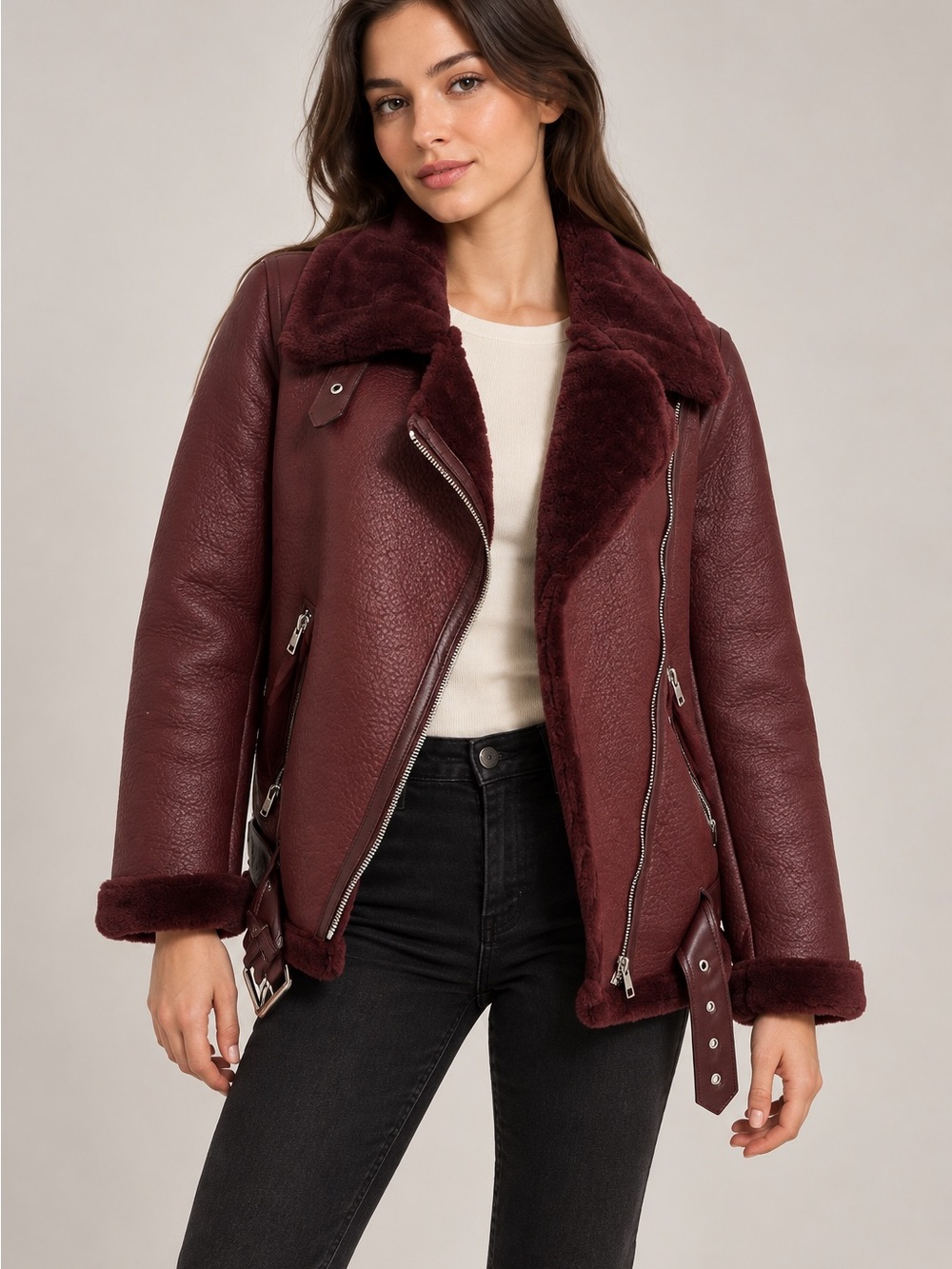 Zara Burgundy Faux-Shearling Moto Jacket